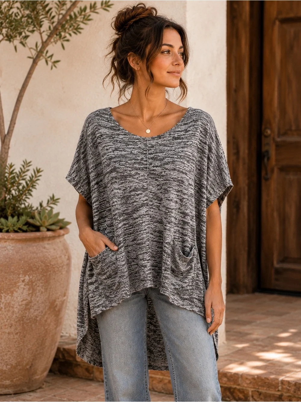 Free People Light Bright High Low Linen Knit Tunic Gray Pockets Medium